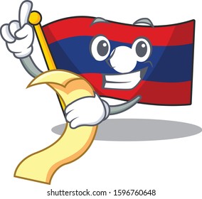 Flag laos Scroll cartoon character holding menu ready to serve