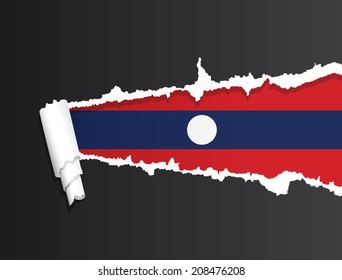 Flag of Laos under ripped paper vector illustration.