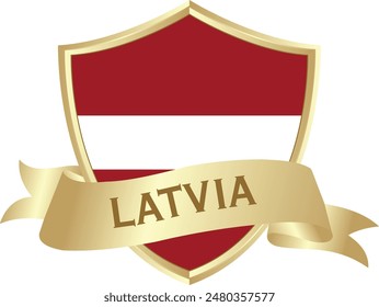 Flag of latvia as around the metal gold shield with latvia flag