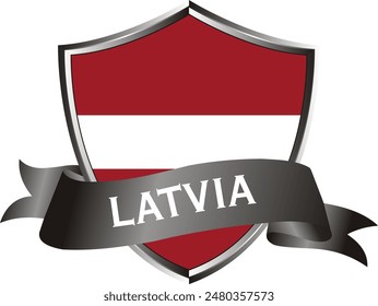 Flag of latvia as around the metal silver shield with latvia flag