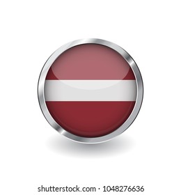 Flag of latvia, button with metal frame and shadow. latvia flag vector icon, badge with glossy effect and metallic border. Realistic vector illustration on white background.