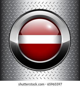 Flag of Latvia button on metal background, vector.