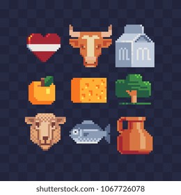 Flag Latvia in the heart, naturel food set box of milk, piece of cheese, green tree pixel art icon. Fish, sheep and cow head characters isolated vector illustration. 8-bit. Design stickers, logo, app.