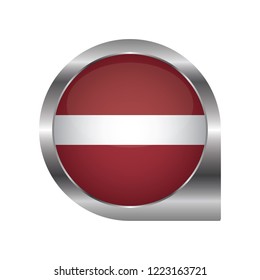 Flag of Latvia, location map pin, pointer flag, button with the reflection of light and shadow, silver frame, Icon country. Realistic vector illustration on white background.