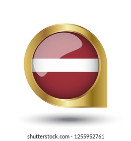 Flag of Latvia, location map pin, pointer flag, button with the reflection of light and shadow, gold frame, Icon country. Realistic vector illustration on white background.