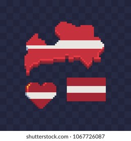 Flag of Latvia map country pixel art icon set national Latvian symbol flag in a heart shape and on a stick. Embroidery, sticker, mobile app and logo design. 8-bit. Isolated vector illustration.