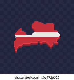Flag of Latvia map country shape pixel art icon. Embroidery, sticker, mobile app and logo design. 8-bit. Isolated vector illustration.