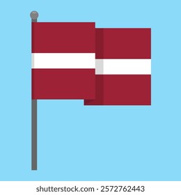 Flag of the Latvia on a gray pole. Vector illustration isolated on a blue background