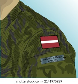 Flag of Latvia on soldier arm. Latvian National Armed Forces	