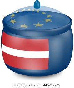 Flag of Latvia. Saucepan with a translucent cover. The symbol of the European Union. 3D illustration isolated on white background.