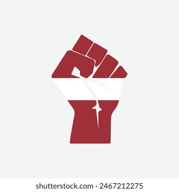 Flag of Latvia in the shape of raised hand sign isolated on background. Fist symbol modern, simple, vector, icon for website design, mobile app, ui. Vector Illustration
