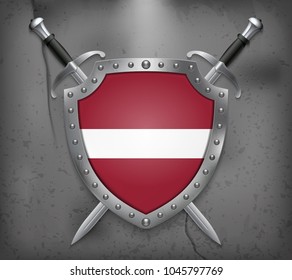 Flag of Latvia. The Shield with National Flag. Two Crossed Swords. Vector Medieval Background
