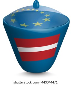 Flag of Latvia. Urn with a translucent cover. The symbol of the European Union. 3D illustration isolated on white background.