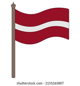 Flag of Latvia. Vector illustration. The fabric is decorated with three stripes. The national symbol of the state develops in the wind. Cartoon style. Isolated background. Political themes.