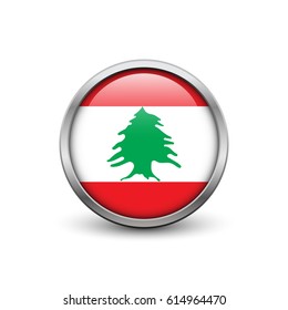Flag of Lebanon, button with metal frame and shadow