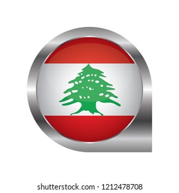 Flag of Lebanon, location map pin, pointer flag, button with the reflection of light and shadow, silver frame, Icon country. Realistic vector illustration on white background.