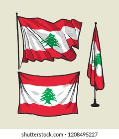 Flag of Lebanon on the wind and on the wall illustration set