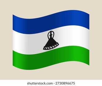 Flag of Lesotho with Basotho hat emblem waving, a patriotic vector illustration of the African nation's symbol..