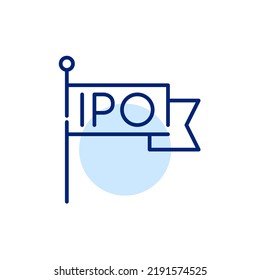Bandera con letras IPO en ella. Icono de línea de dibujo de píxeles perfecto, modificable