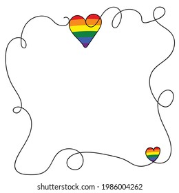 Icono de la bandera LGBT, marco decorativo, borde de gotas con corazones. Diseño de plantilla, ilustración vectorial. El amor gana. Símbolo LGBT en colores arcoiris. Colección del orgullo gay. Copiar espacio.