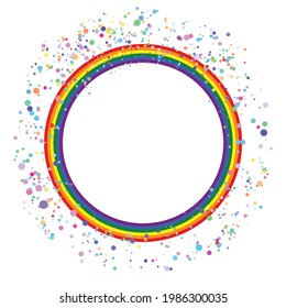 Icono de la bandera LGBT, marco redondo con confeti. Diseño de plantilla, ilustración vectorial. El amor gana. Símbolo LGBT en colores arcoiris. Colección del orgullo gay.