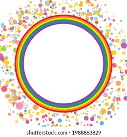Icono de la bandera LGBT, marco redondo con confeti. Diseño de plantilla, ilustración vectorial. El amor gana. Símbolo LGBT en colores arcoiris. Colección del orgullo gay.