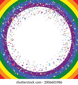 Icono de la bandera LGBT, marco redondo con confeti. Diseño de plantilla, ilustración vectorial. El amor gana. Símbolo LGBT en colores arcoiris. Colección del orgullo gay.