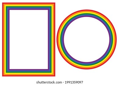 Flag LGBT icons, round and squared frames. Template border, vector illustration. Love wins. LGBT symbols in rainbow colors. Gay pride collection. Copy space.