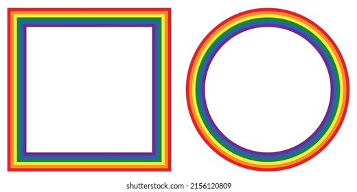 Iconos LGBT de bandera, con marcos redondos y cuadrados. Borde de plantilla, ilustración vectorial. El amor gana. Símbolos LGBT en colores arcoiris. Colección del orgullo gay.