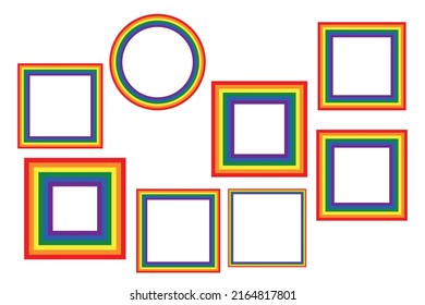 Iconos LGBT de bandera, con marcos redondos y cuadrados. Borde de plantilla, ilustración vectorial. El amor gana. Símbolos LGBT en colores arcoiris. Colección del orgullo gay.