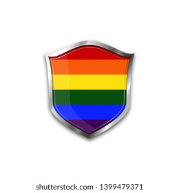 Flag of LGBT. Metal shield with reflections on white background.