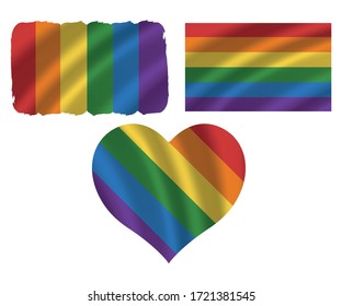 Bandera LGBTQ+ ondea pancarta realista concepto, ilustración vectorial web. Icono de Internet y etiqueta comunidad LGBT, libertad de orgullo, diseño multicolor casilla de verificación.