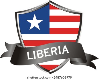 Flag of liberia as around the metal silver shield with liberia flag