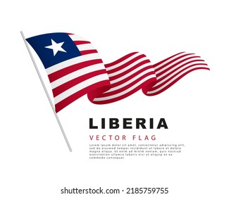 The flag of Liberia hangs on a flagpole and flutters in the wind. Vector illustration isolated on white background. Colorful Liberian flag logo.