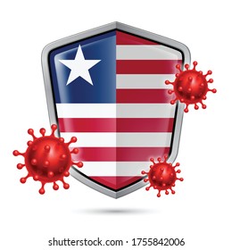 Flag of Liberia on Metal Shiny Shield Icon and Red Corona Virus Cells. Concept of Health Care and Safety Badge. Security Safeguard Metal Label with Liberian Flag