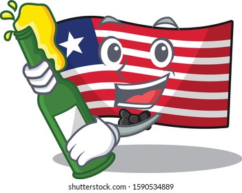 Flag liberia Scroll with bottle of beer mascot cartoon style