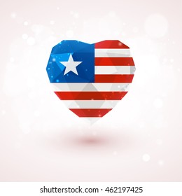 Flag of Liberia in shape of diamond glass heart in triangulation style for info graphics, greeting card, celebration of Independence Day, printed materials 