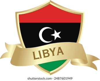 Flag of libya as around the metal gold shield with libya flag