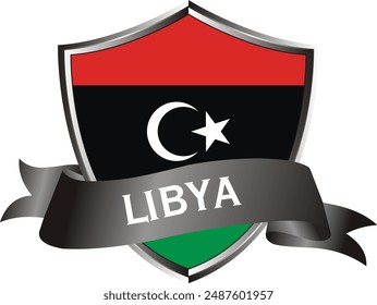 Flag of libya as around the metal silver shield with libya flag