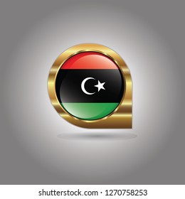 Flag of Libya, button with the reflection of light and shadow, gold frame, Icon country. Realistic vector illustration on gray background.