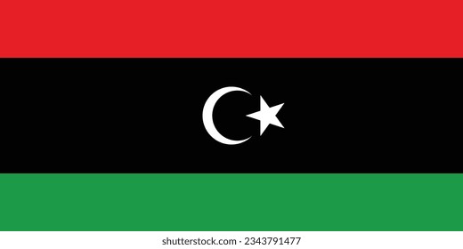 Die Flagge Libyens. Flaggensymbol. Standardfarbe. Standardgröße. Eine rechteckige Flagge. Computergrafik. Digitale Illustration. Vektorgrafik.