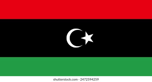  The flag of Libya. Flag icon. Standard color. Standard size. A rectangular flag. Computer illustration. Digital illustration. Vector illustration.