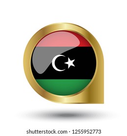Flag of Libya, location map pin, pointer flag, button with the reflection of light and shadow, gold frame, Icon country. Realistic vector illustration on white background.