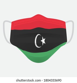 Bandera de Libia sobre máscara facial médica Vector frontal aislado en fondo blanco. EPS.file. El concepto de mascarilla facial médica protege a la gente del virus en el país.