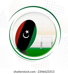 Flag of Libya on rugby ball. Round rugby icon with flag of Libya. Vector illustration.