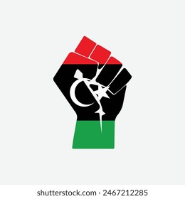 Flag of Libya in the shape of raised hand sign isolated on background. Fist symbol modern, simple, vector, icon for website design, mobile app, ui. Vector Illustration