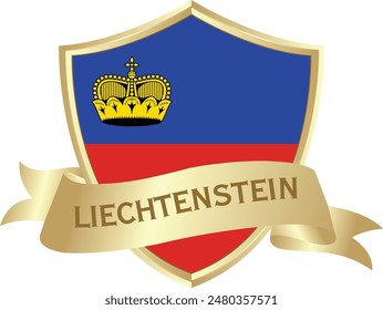 Flag of liechtenstein as around the metal gold shield with liechtenstein flag