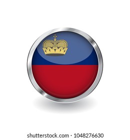 Flag of liechtenstein, button with metal frame and shadow. liechtenstein flag vector icon, badge with glossy effect and metallic border. Realistic vector illustration on white background.