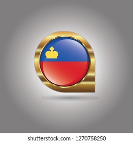 Flag of Liechtenstein, button with the reflection of light and shadow, gold frame, Icon country. Realistic vector illustration on gray background.