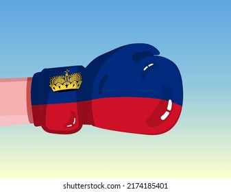 Flag of Liechtenstein on boxing glove. Confrontation between countries with competitive power. Offensive attitude. Separation of power. Template ready design.